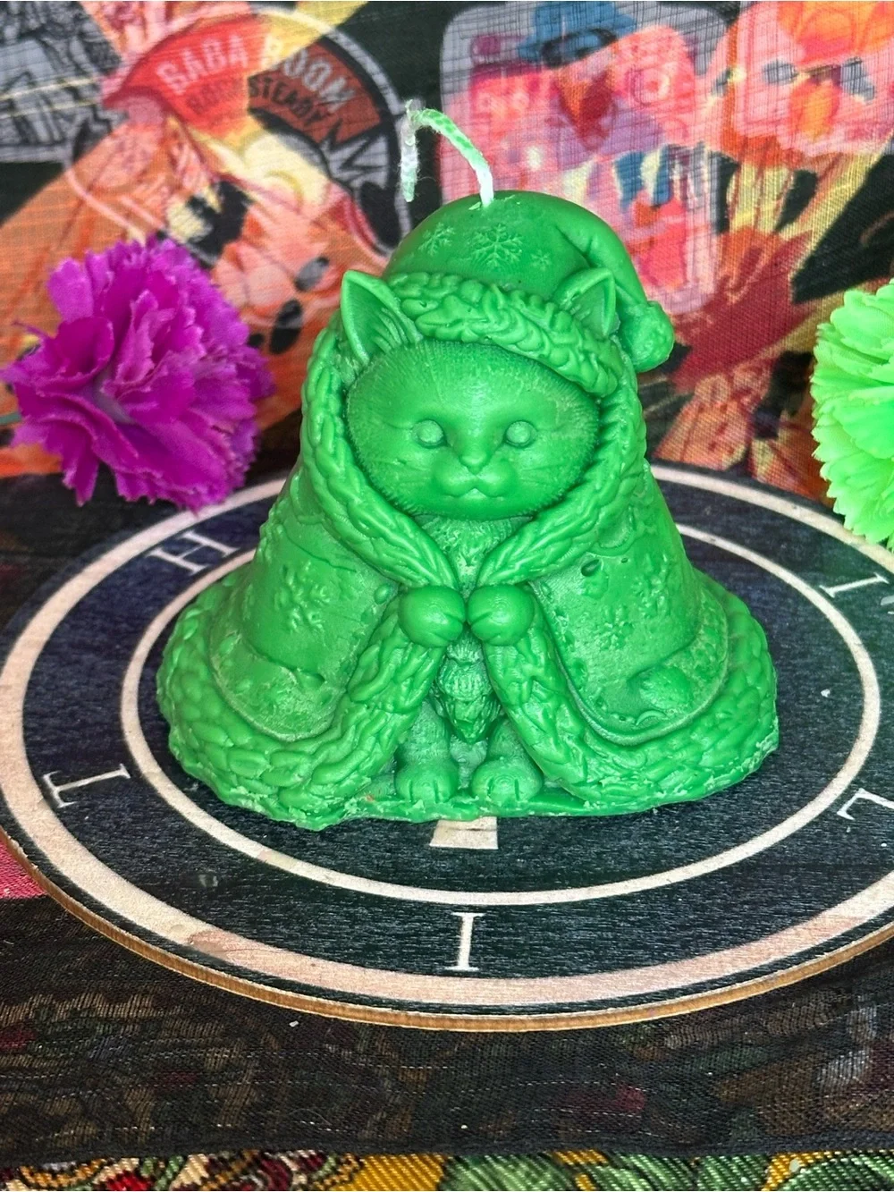 Handmade Green Winter Cat Candle – Cozy Cloaked Kitty